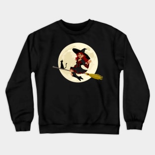 Good Witch With Black Cat On Broomstick Waving Hello Crewneck Sweatshirt